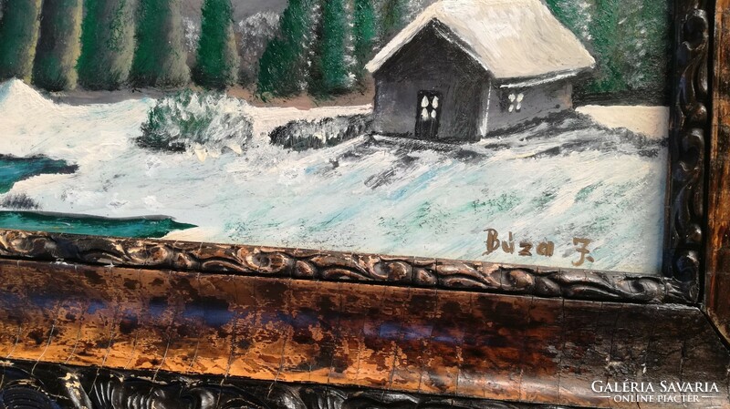 Téli táj házikóval ,olajfestmény Búza János festőművész
