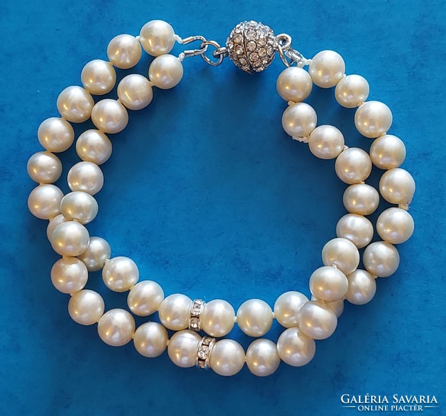 Genuine double row cultured pearl bracelet with rhinestone, magnetic ball clasp and embellishments