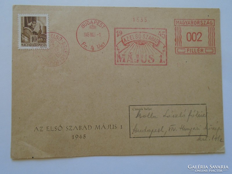 S5.33 Postcard - the first free May 1, 1945 - ema freistempel red meter - chief officer László Bolla