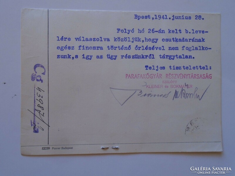 S5.36 Postcard - cork factory Budapest kleiner bokmayer - 1941 - hános gömöry Budapest