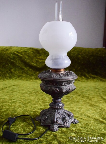 Converted antique table petroleum lamp angelic cast metal body glass shades 50 x 16 cm works!