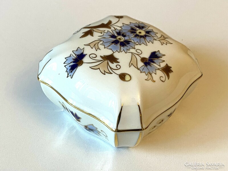 Blue wheat flower painted Zsolnay porcelain jewelry box with lid