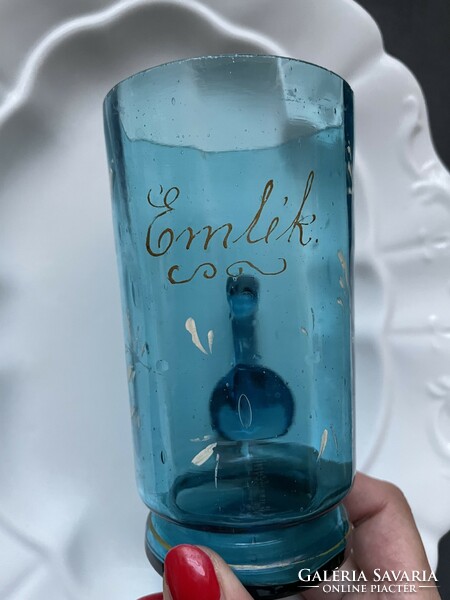 Antique blown glass with a wonderful blue ear with the inscription 