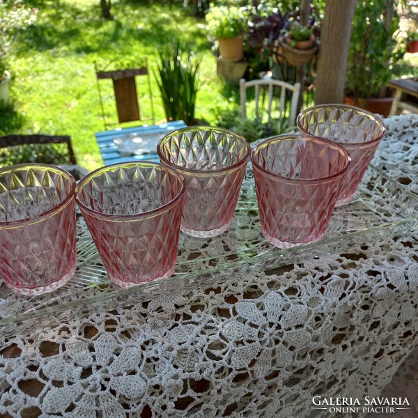5 db pink üveg pohár,  csodaszép üveg tálcával