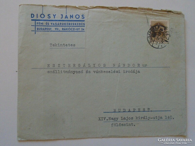 S9.25  LEVÉLBORÍTÉK  1941  Diósy János vasárukereskedés Budapest  -Esztergályos Nándor Bp