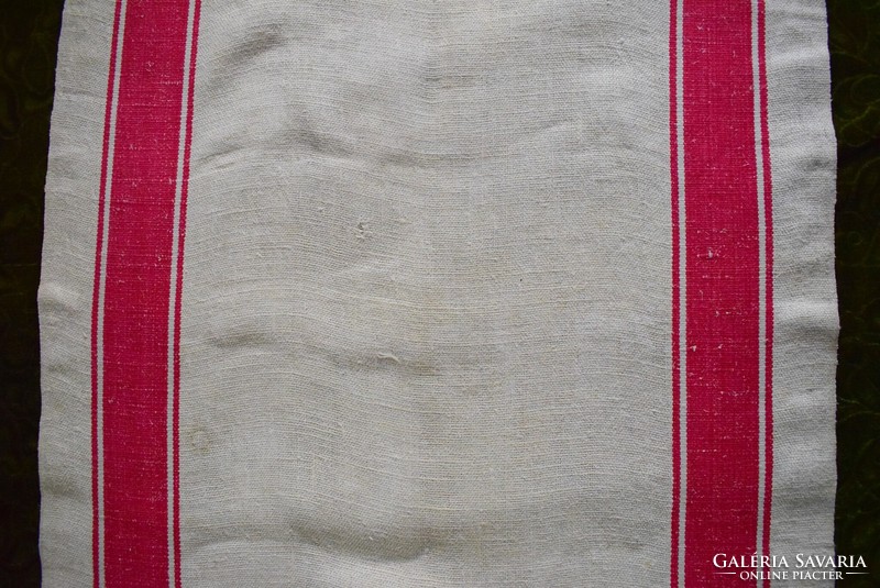 Régi zsák vászon anyag , házi szőttes lenvászon , piros dupla csík anyagában mintás 165 x 57 cm III.