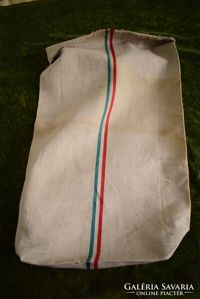 Old bag, home-woven hemp canvas, patterned stripe in red white green material 39 x 17 x 88 cm iii.