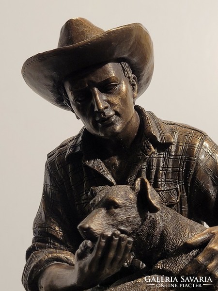18x16x13cm Cowboy és a kutyája -- legjobb barát férfi kutyával kutya kutyás szobor bronz