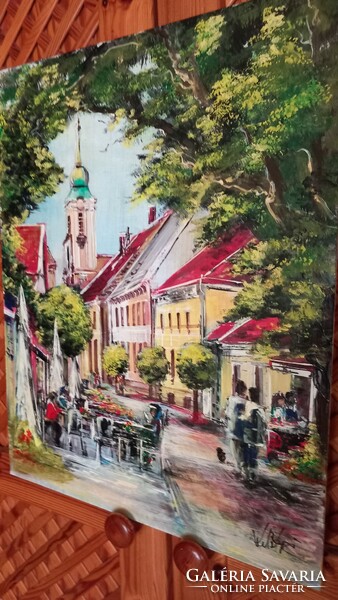 "KISVÁROSI DÉLUTÁN"  "festmény farostlemezen 40 x 50 cm