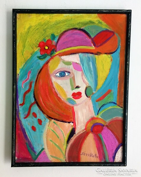 Hölgy piros kalapban / kubista / Seri Kata akril festménye