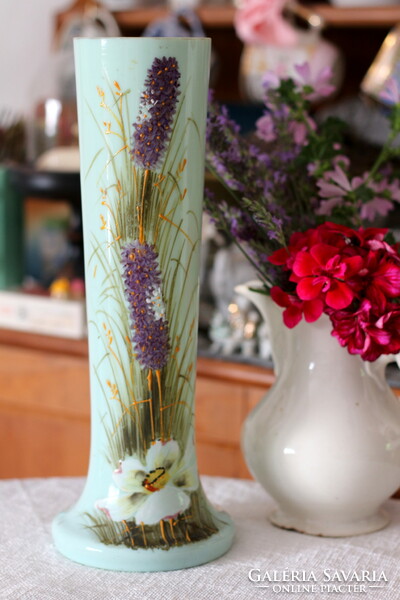 Kalcedon üveg, tejüveg antik belga váza, csodás kézi festéssel