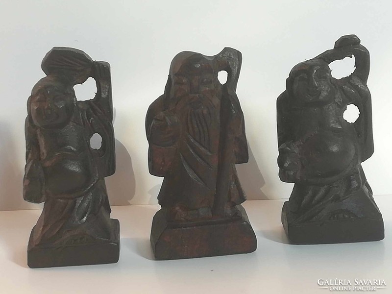 Antique miniature wooden oriental monk statues 3 pcs