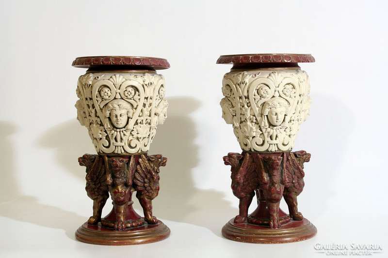 Pair of Art Nouveau vases by Johann Maresch 31cm | burgundy red and ivory vase winged lion