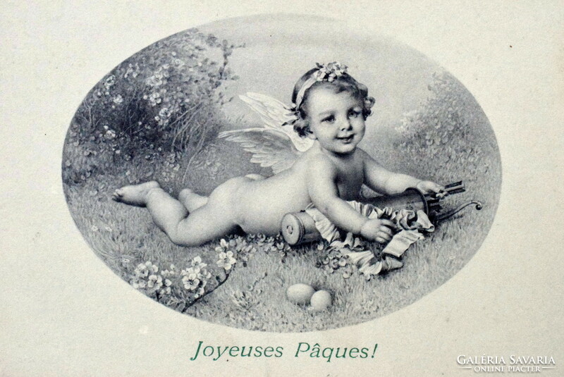 Antique mm vienne munk graphic Easter greeting card with putto arrow egg