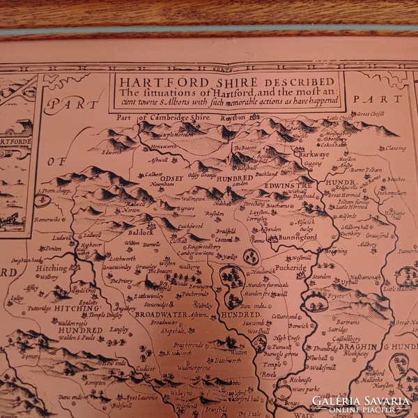 Hartfordshire XVI, századi térképének réz metszete fa  keretben