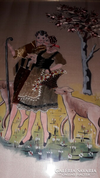 Antik GYÖNYÖRŰ festett hímzett selyemkép SZERELMES JELENET 38 x 30 cm a képek szerint