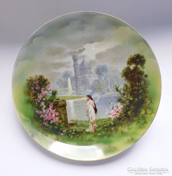 Antique plate with a romantic, hand-painted scene, 26 cm