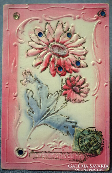 Antik dombornyomott  flitteres glitteres üdvözlő képeslap stilizált virággal