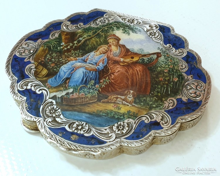 Silver (800) art nouveau powder, powder holder, powder compact, decorated with an enamel picture