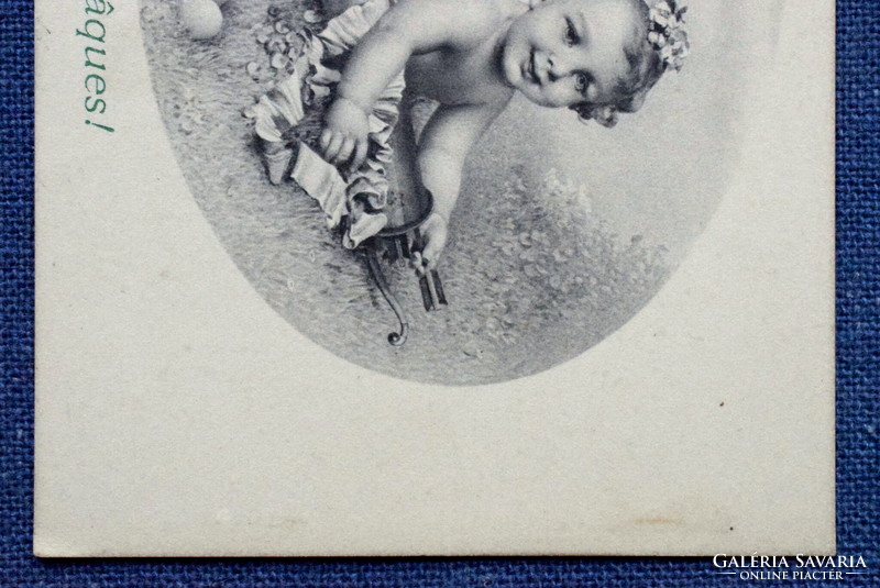 Antique mm vienne munk graphic Easter greeting card with putto arrow egg