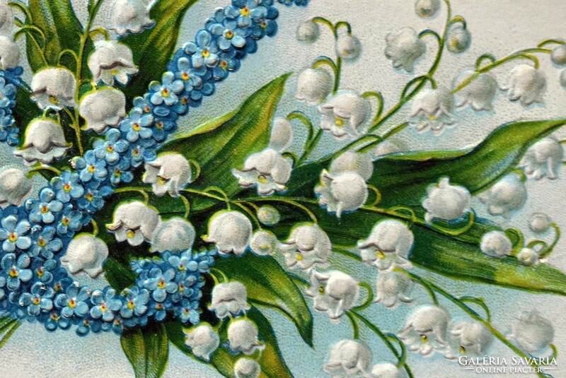 Antik dombornyomott  litho üdvözlő képeslap gyöngyvirág horgony nefelejcsből