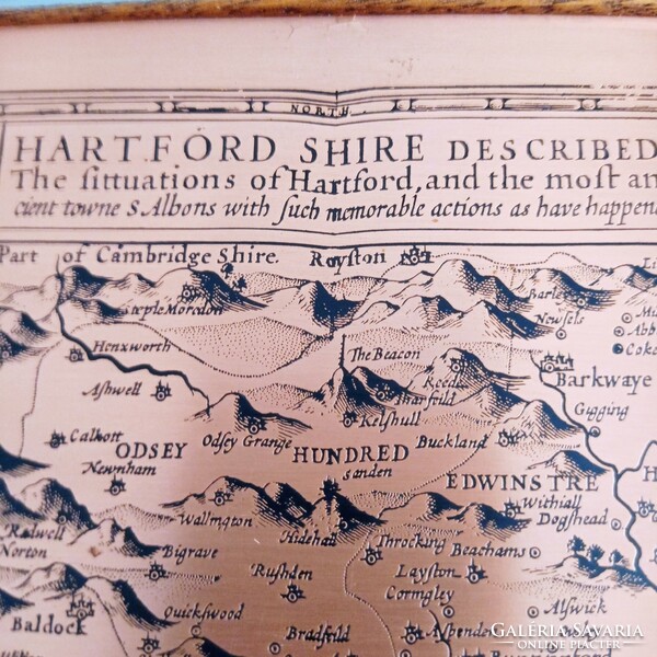 Copperplate engraving of a 16th century map of Hartfordshire in a wooden frame