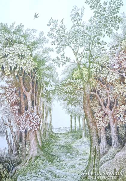 Molnár Gabriella: Erdő (rézkarc kerettel) nyugalmat árasztó természeti táj