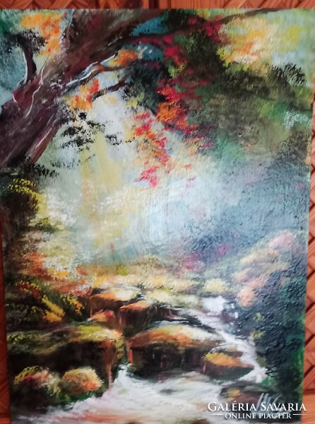 "Patak partján,erdő mélyén...  "festmény farostlemezen 40 x 54 cm