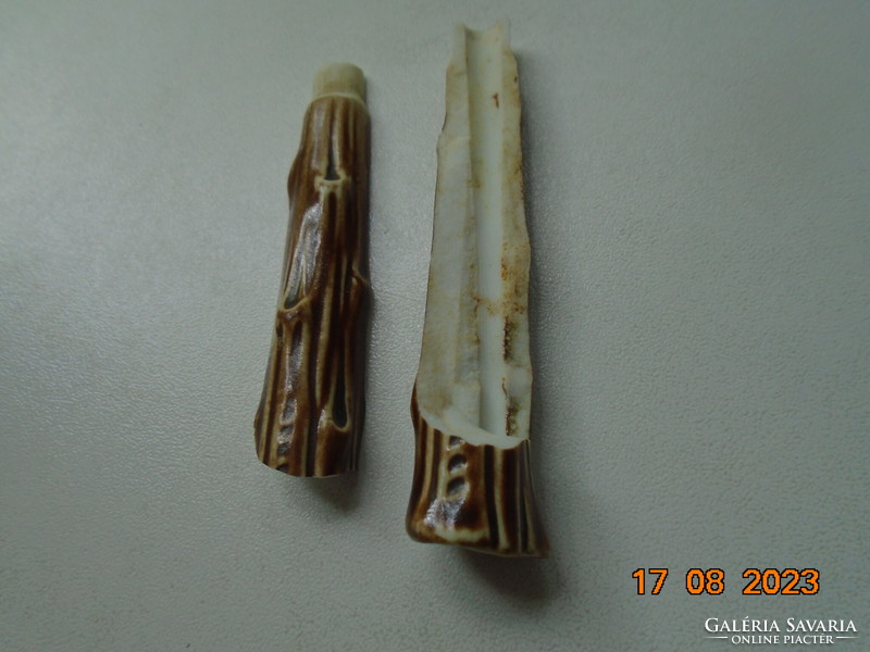 4 db Zsolnaynak tulajdonított dombor agancs mintás porcelán nyél STAHL-BRONCE kés RÉSZLETEK