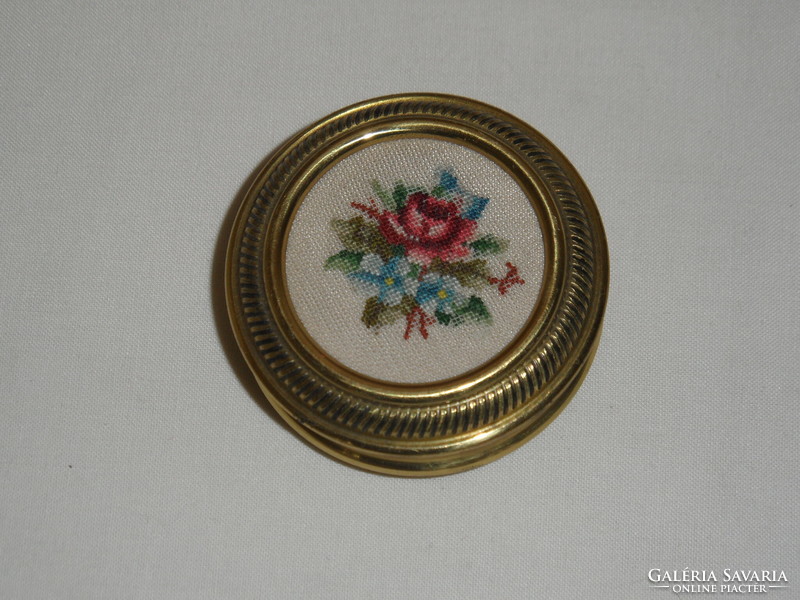 Copper round box with a lid, holder with tapestry embroidery