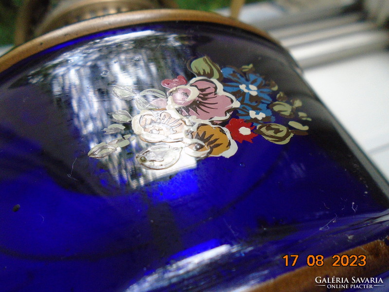 Antik Kézzel festett virág mintás  kobalt üveg tartállyal bronz színű petróleum lámpa átalakítva