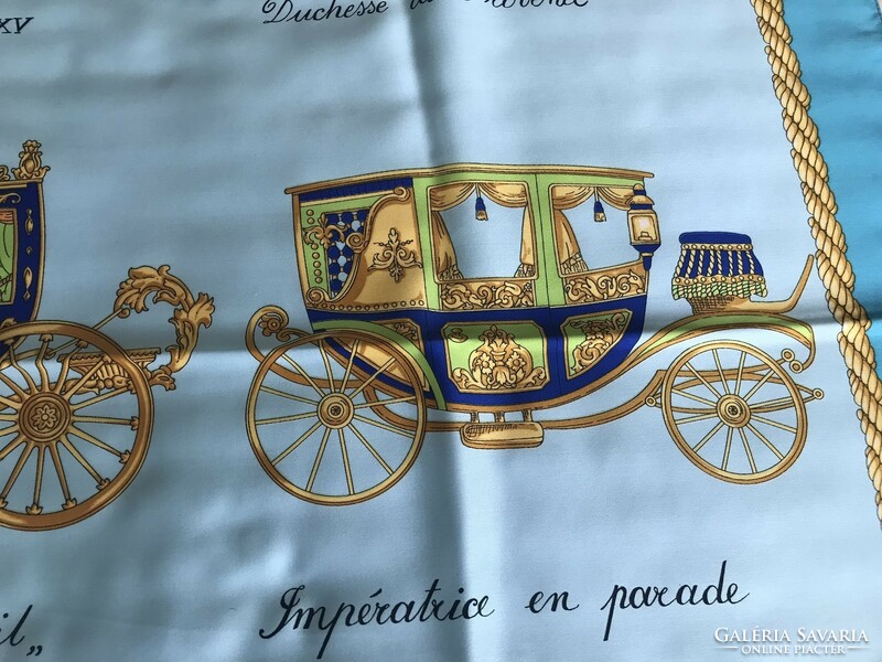 Vintage Italian shawl with drawings of antique carriages, 87 x 87 cm