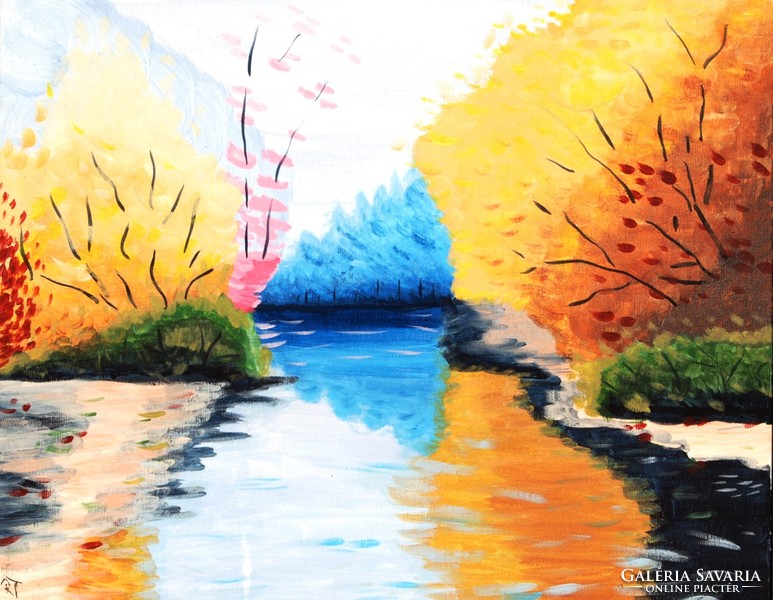 R.T.: A folyó színei - olaj-vászon festmény, modern fakeretben