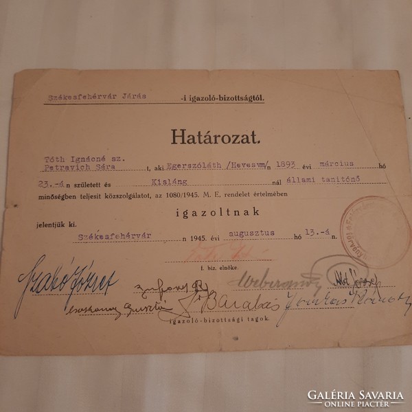Resolution issued by the verification committee of Székesfehérvár on Aug. 13, 1945