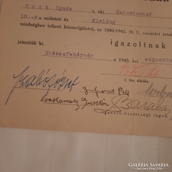 Székesfehérvári igazoló bizottság által 1945. aug. 13-án kiállított határozat  (hibás)