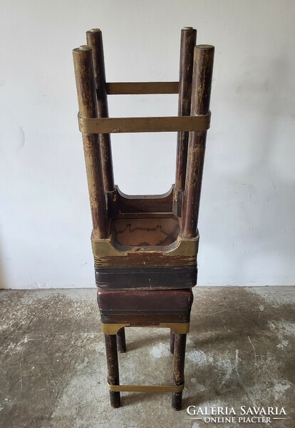 2 bar stools, old, vintage, with character, brass, leather