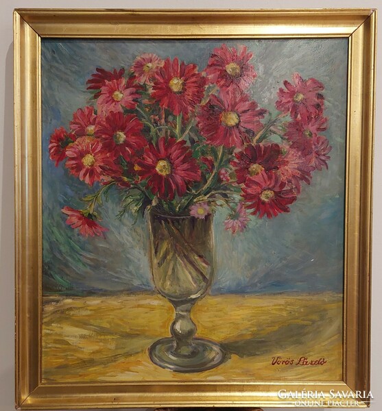 Red laszló, oil-on-wood floral still life painting