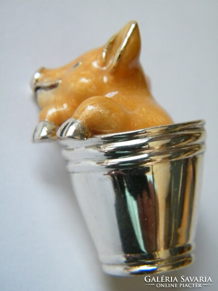 Saturno sterling silver and enamel pig figurine in a bucket