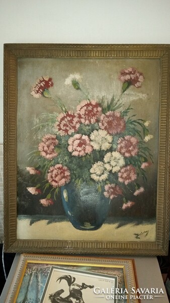 Old framed signed painting still life size 49x39 cm, portrait on the back