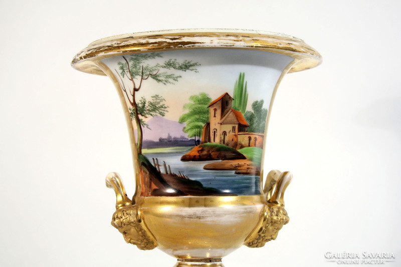 Antique 19th No. Pair of French vases | empire porcelain Medici vase with painted gilded landscape scene