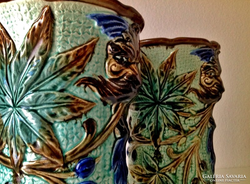 Pair of majolica vases with faun heads - 28.5 cm.