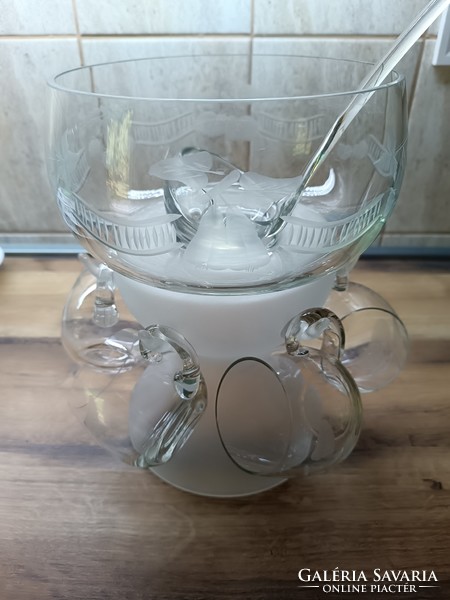 Etched glass set with glasses and bowl, ladle