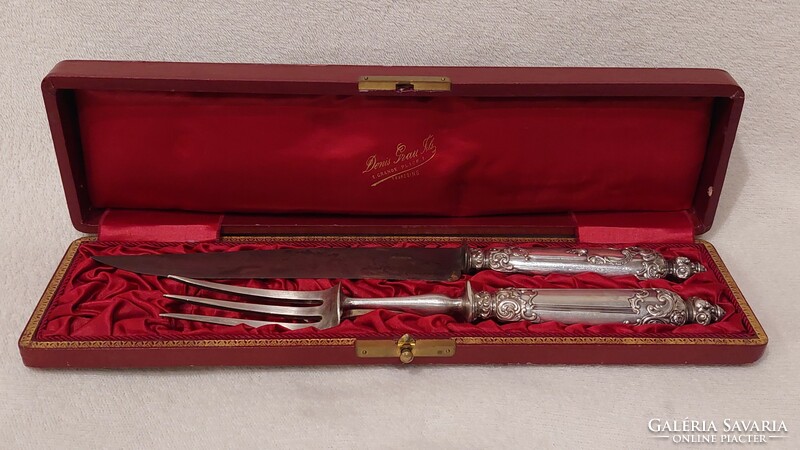 Denis Grau Tourcoing Francia antik ezüst húsvilla és kés szett dobozban