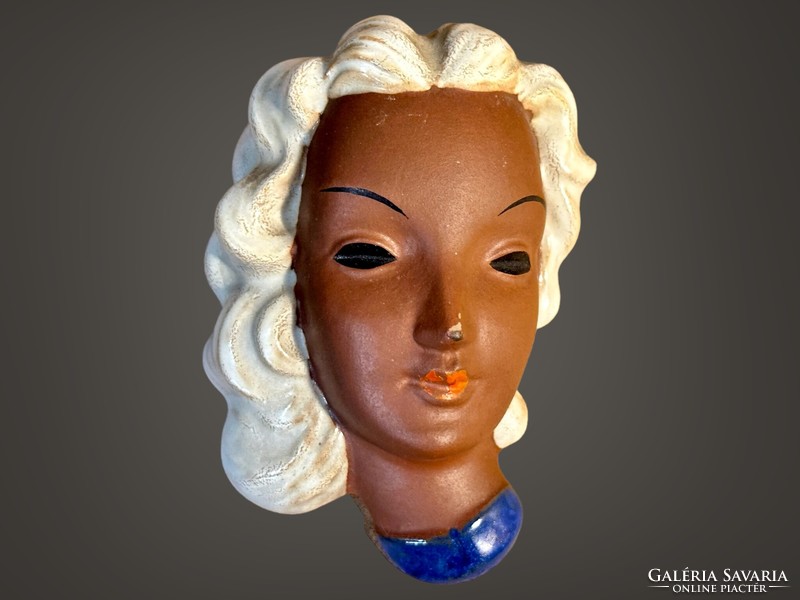 Goldscheider art deco kisméretű kerámia fali maszk - Adolf Prischl - modell 8248
