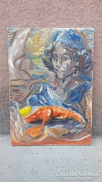 Hölgy homárral, olaj-vászon festmény, 70 x 50 cm