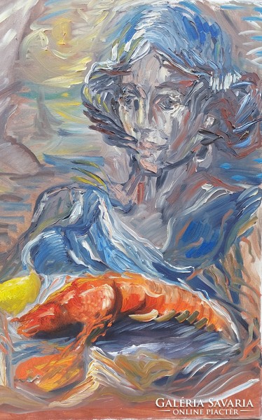 Hölgy homárral, olaj-vászon festmény, 70 x 50 cm