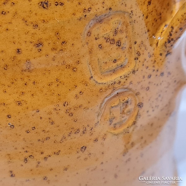 Folk, marked, scratched flower pattern, light brown glazed ceramic mug (2735)