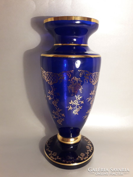 Bohemia cobalt blue glass vase with gold pattern 30 cm