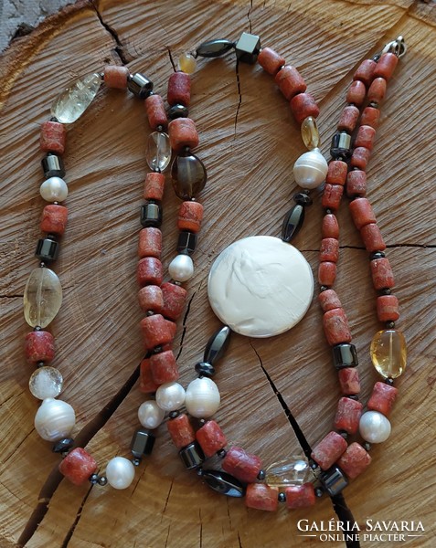 Special long coral necklace with real cultured pearls and minerals