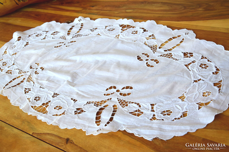 Old antique embroidered rosette lace tablecloth table centerpiece 91 x 45 cm